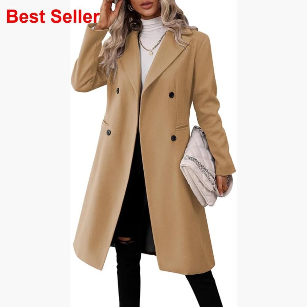 Long Double Breasted Wool Blend Pea Coat Slim Fit Winter Coat